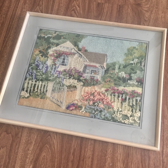 Hand Crafted Art Vintage Needlepoint Artwork Country Cottage House